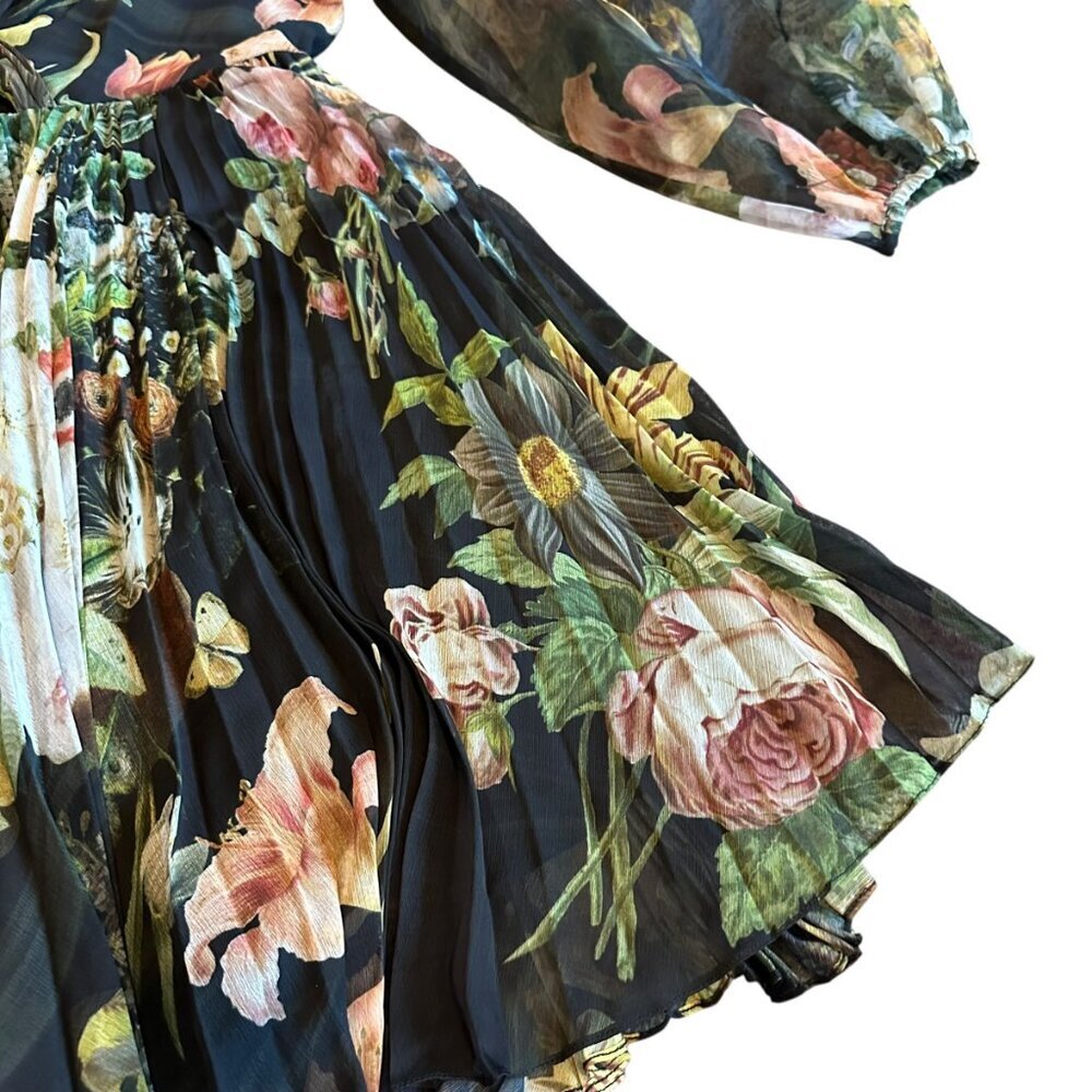 Pankaj & Nidhi Anthro Chiffon Floral Print Dress Long Sleeve Pleated Size Medium - Picture 8 of 16